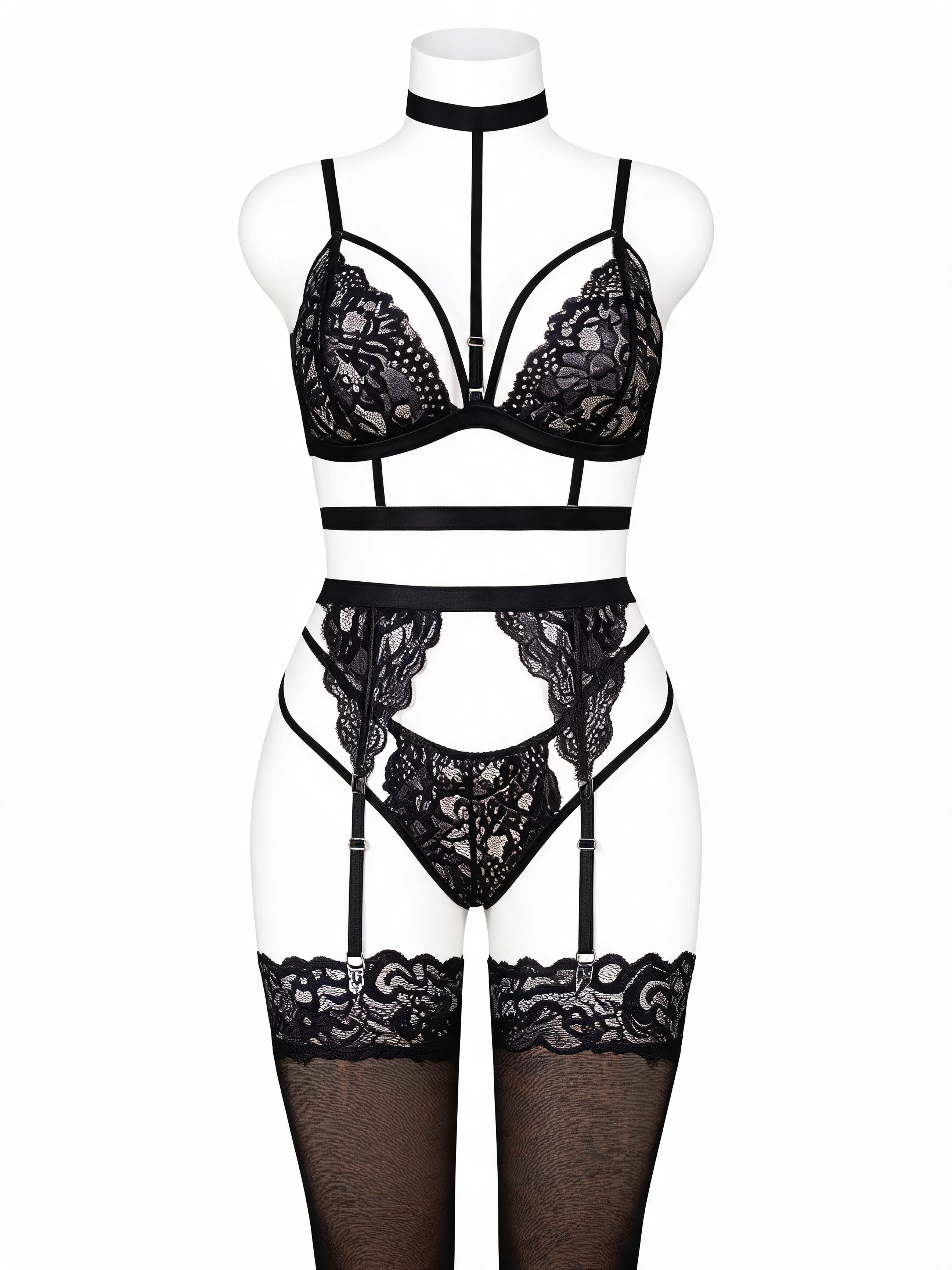 Black Lace 4-Piece Lingerie Set