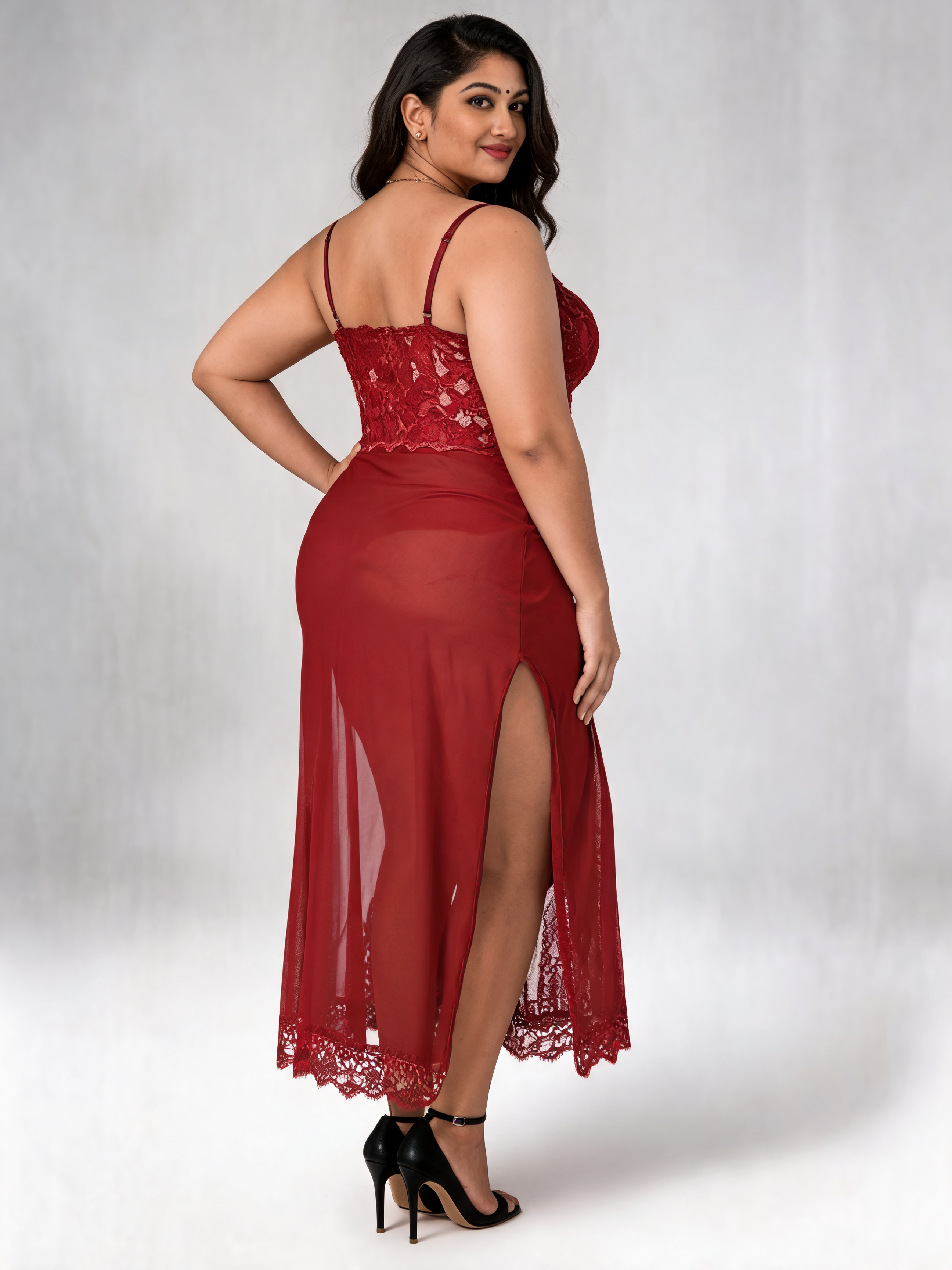 WIne Lace Long Babydoll Dress