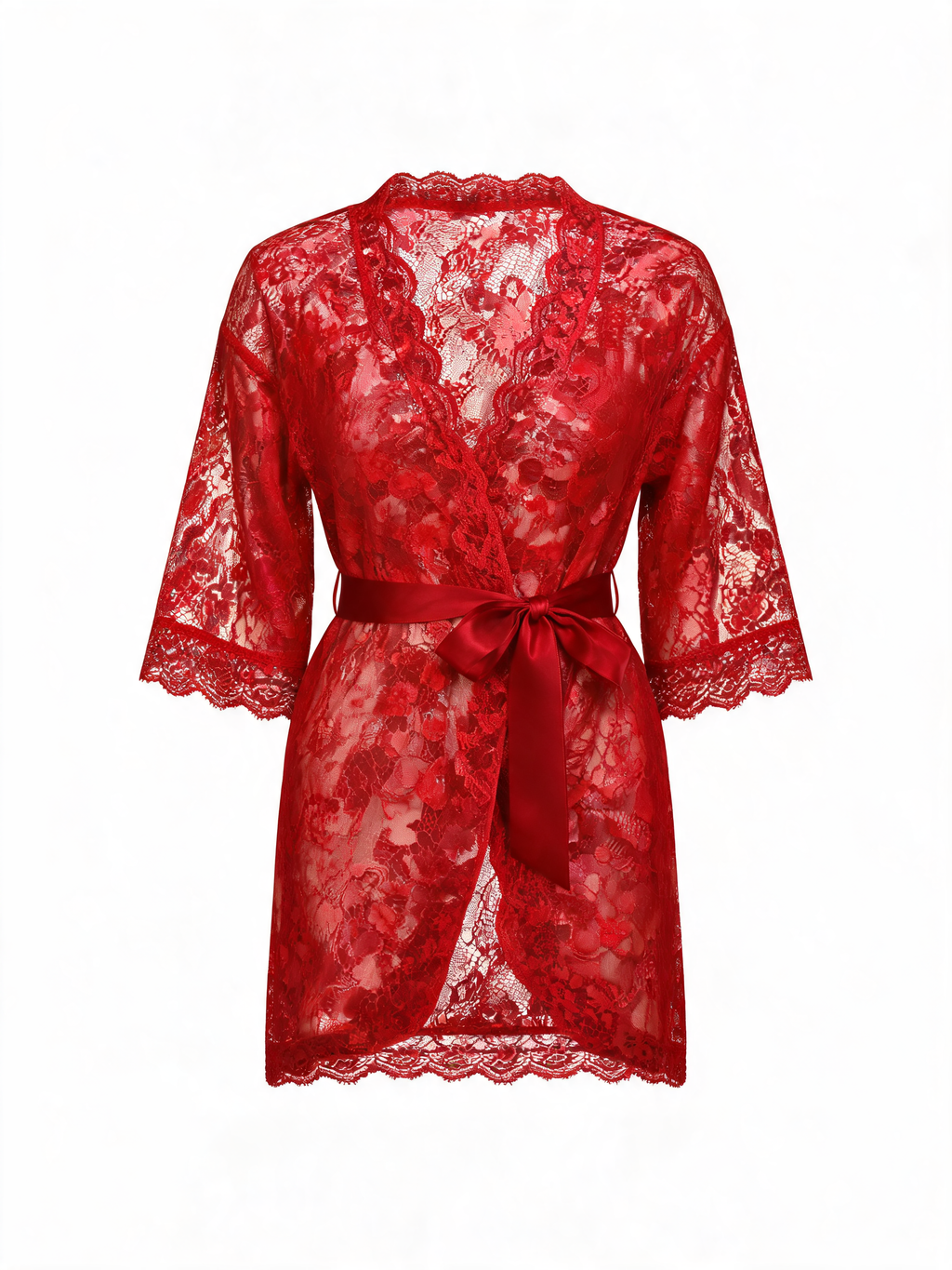 Red Lace Robe with Satin Lingerie Set