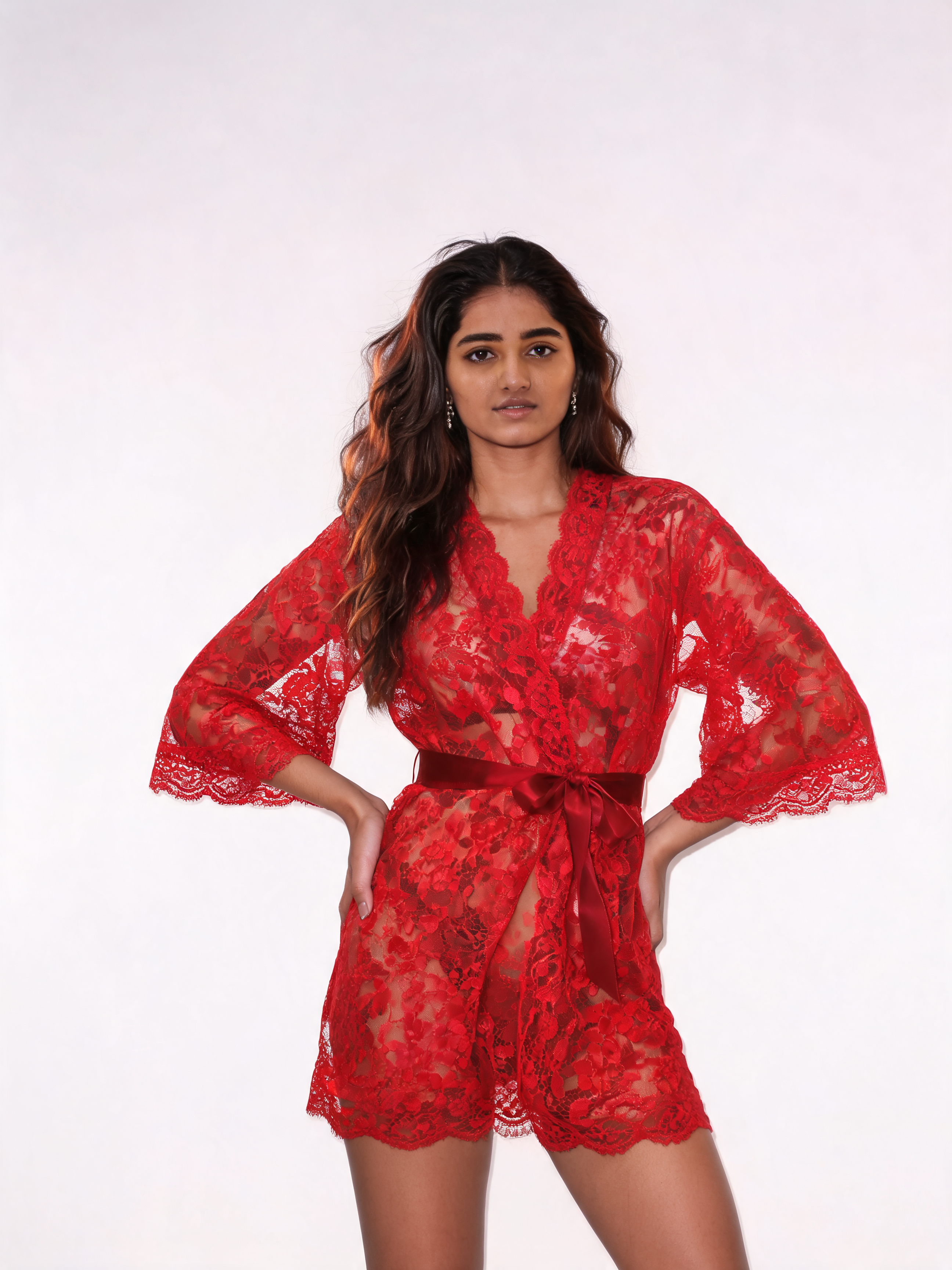 Red Lace Robe with Satin Lingerie Set