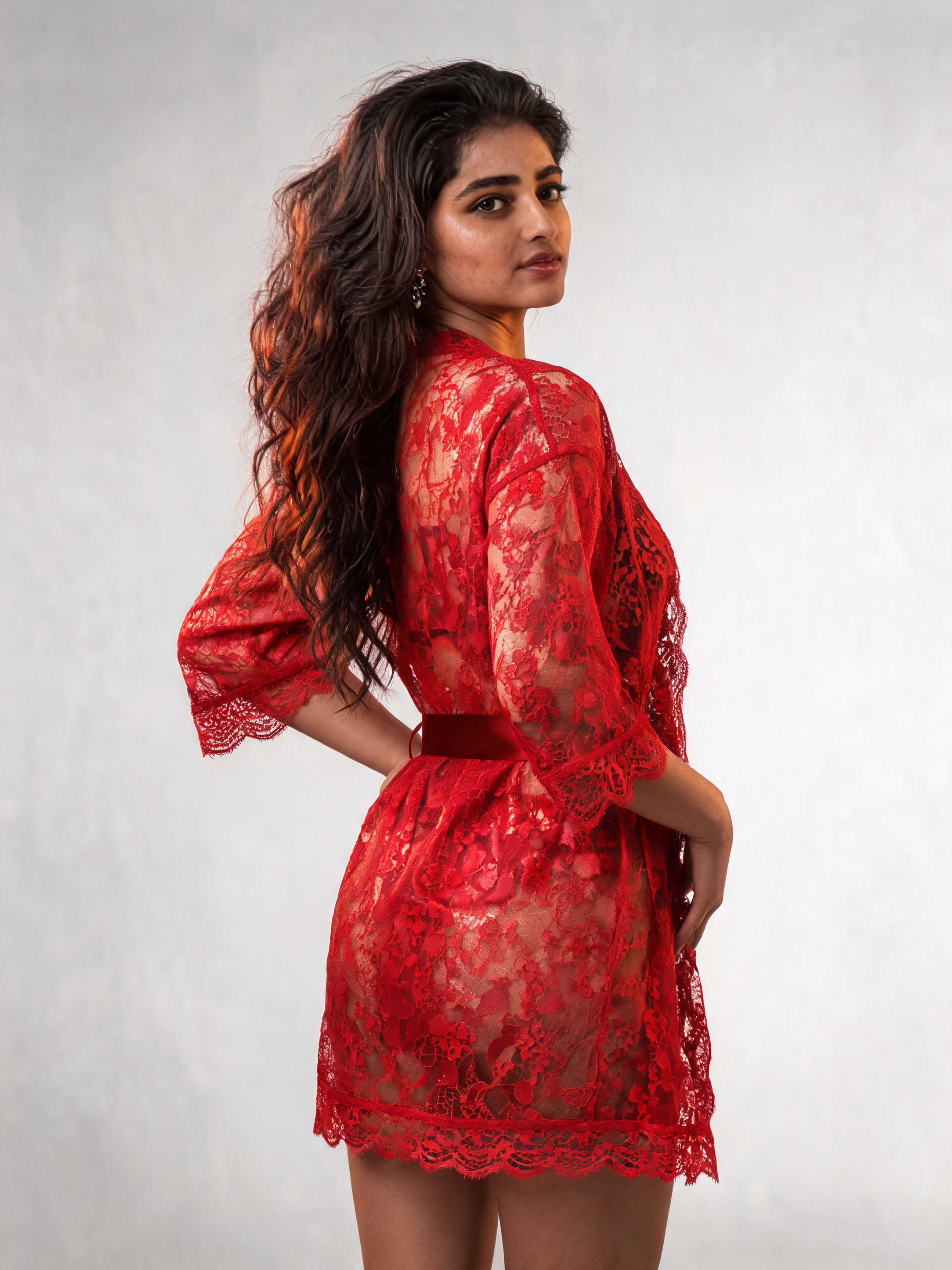 Red Lace Robe with Satin Lingerie Set