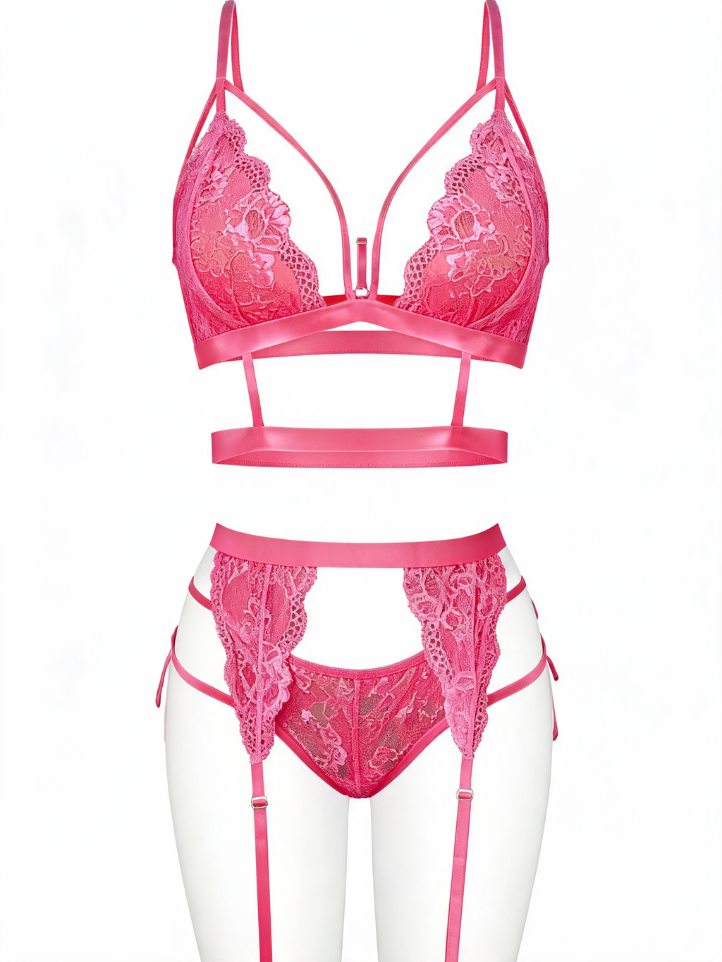 Neon Pink 3-Piece Lace Lingerie Set