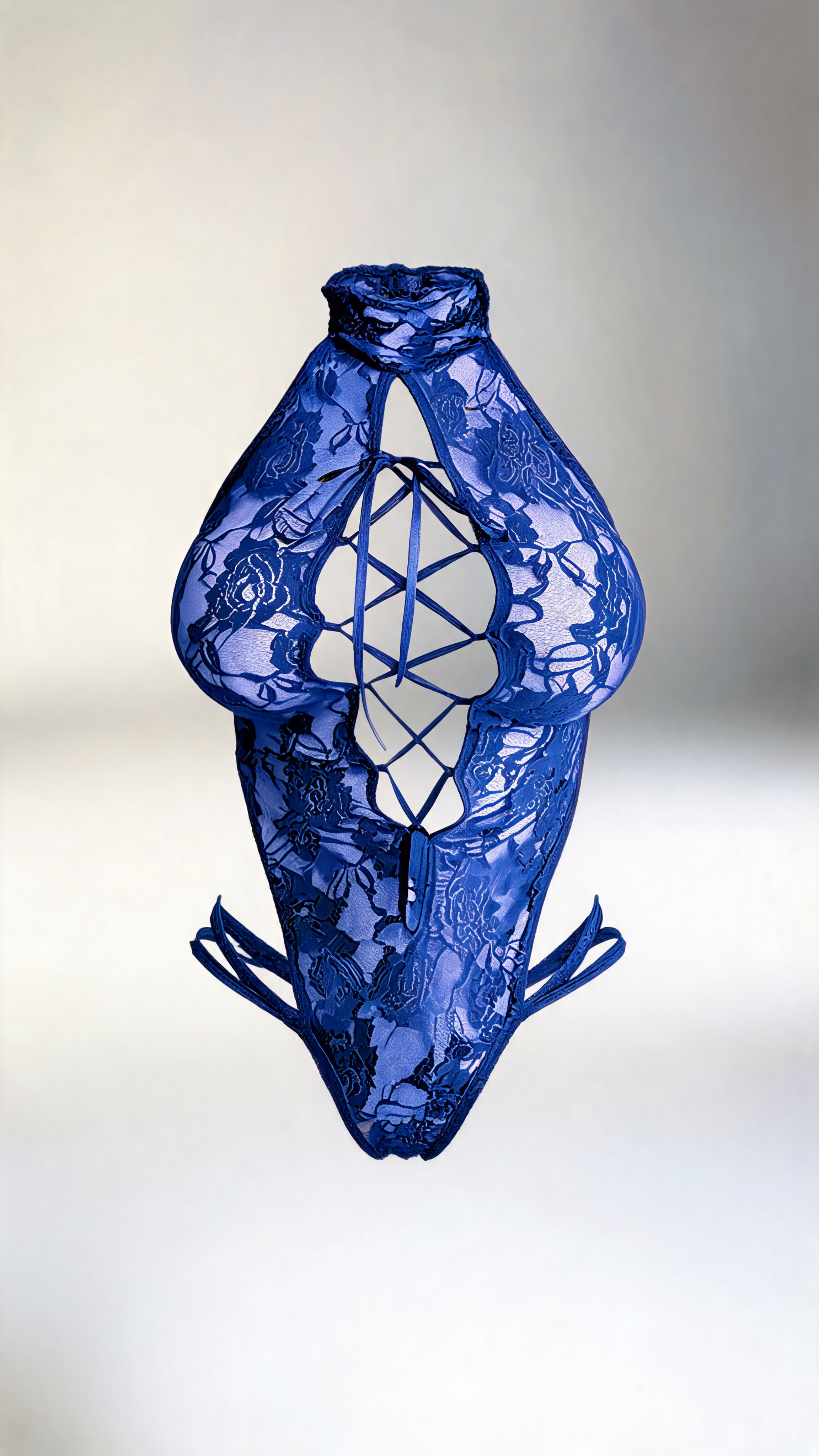 Blue Halter Cage Lace One-Piece