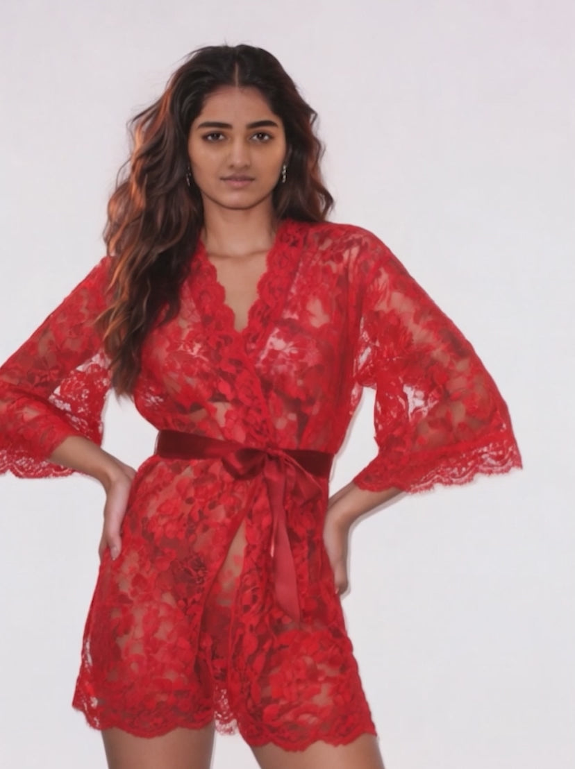 Red Lace Robe with Satin Lingerie Set