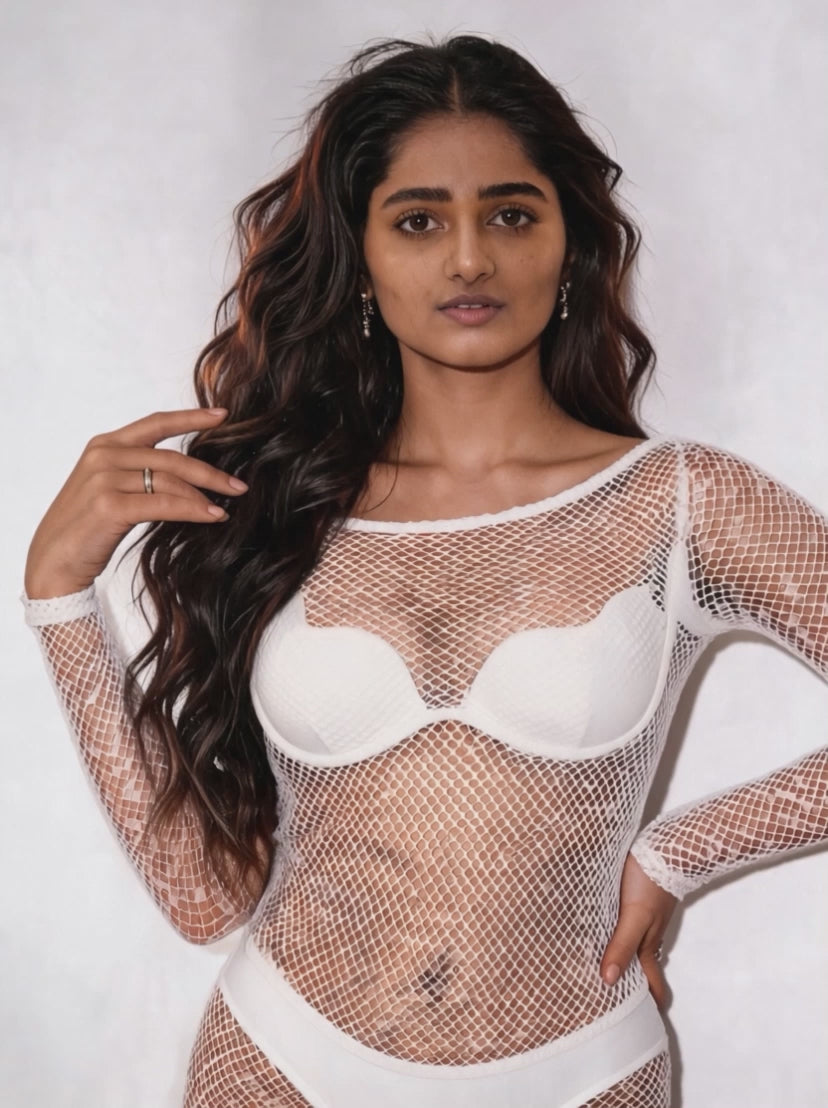White Fishnet Crotchless Bodysuit